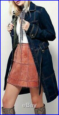 Free People Denim Trench Coat Military Jacket Belted Navy Blue Western OB443184