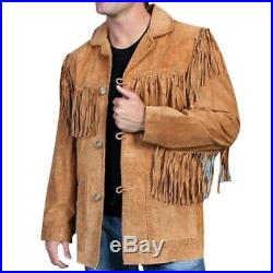 100% Genuine Leather Mens Native American Cowboy Western Jacket coat Fringe@ka20