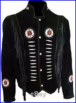 100% Genuine Leather Mens Native American Cowboy Western Jacket coat Fringe@ka33