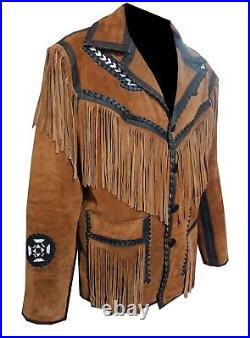 100% Men Cowboy Western Leather Jacket coat With Fringe Bone and Beads