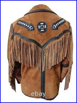100% Men Cowboy Western Leather Jacket coat With Fringe Bone and Beads