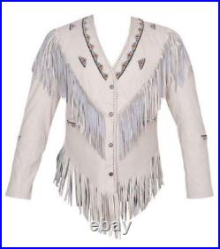 100% Native American Western Women's Cowhide Leather white Jacket with Fringe