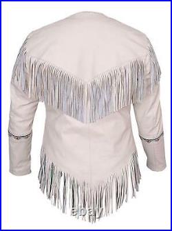 100% Native American Western Women's Cowhide Leather white Jacket with Fringe