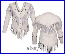 100% Native American Western Women's Cowhide Leather white Jacket with Fringe