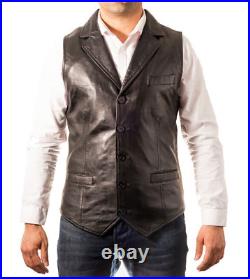 100%Orignal Lambskin Leather Men Button Waistcoat Black Western Vest Coat Jacket