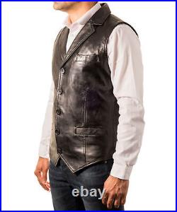 100%Orignal Lambskin Leather Men Button Waistcoat Black Western Vest Coat Jacket