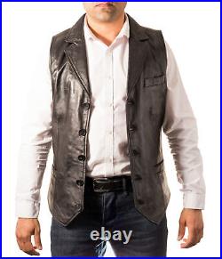 100%Orignal Lambskin Leather Men Button Waistcoat Black Western Vest Coat Jacket