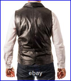 100%Orignal Lambskin Leather Men Button Waistcoat Black Western Vest Coat Jacket