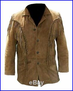 100% Real Leather Mens Native American Cowboy Western Jacket coat Fringe@XL
