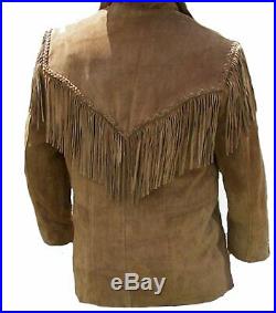 100% Real Leather Mens Native American Cowboy Western Jacket coat Fringe@XL