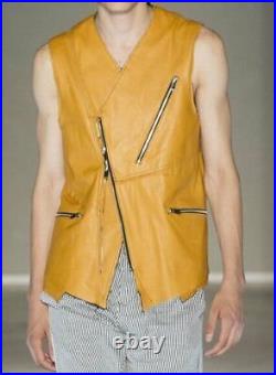 100% Real Leather Yellow Waistcoat Button Western Vest Coat Jacket Lambskin Men