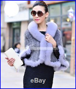 100% Real lavender Knitted Mink Fur Fox Collar Cape Stole Shawl Scarf Coat Gray