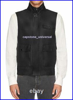 100% Vest Coat Jacket Waistcoat Lambskin Leather Party Men Button Black Western