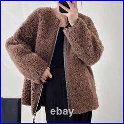 100% Wool Womens Lamb Fur Shearling Coat Zip Overcoat Round Neck Outwear Western 100% Wool Womens Lamb Fur Shearling Coat Zip Overcoat Round Neck Outwear Western