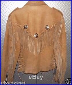 13108/ Womens Leather Fringed Brown Leather Motorcycle Jacket / western coat L