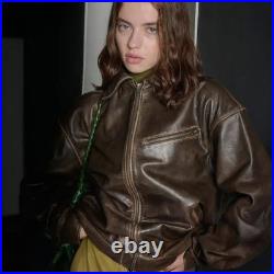 1990s Oversized Distressed Brown Leather Jacket Vintage Boxy Fit