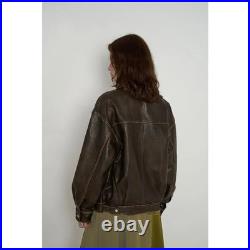 1990s Oversized Distressed Brown Leather Jacket Vintage Boxy Fit