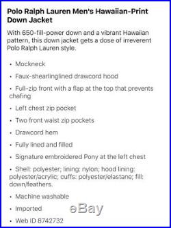 $398 New Polo Ralph Lauren Small Hawaiian-Print Puffer Down Jacket RRL Coat 750