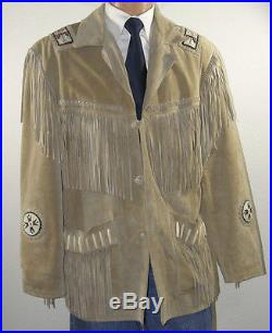 3B West Suede Leather Native Indian Style Beaded Western Fringe Coat Jacket L