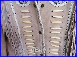 3b West JACKET South Western Fringe Beaded Bones Women's Large Tan Leather NEW