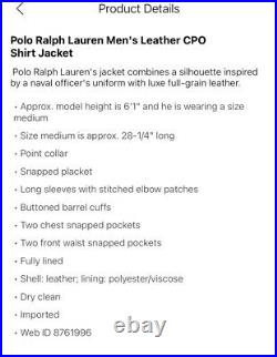 $698 New Polo Ralph Lauren Medium Black CPO Leather Shirt Jacket RRL Western