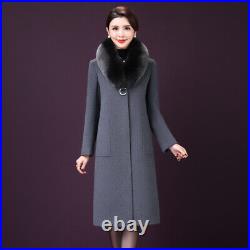 7XL Winter Womens Real Fox Fur Collar Woolen Blend Mid Long Trench Coat Overcoat