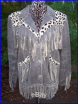 $800RAREWestern Leopard Hair Leather Fringe Jacket CoatL/XLDouble D Ranch