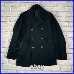 $995 THEORY S/M Military/Navy/Officer Leather Trim Double Pea Coat Jacket