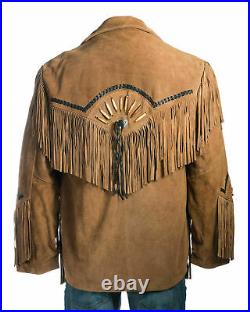 AMERICAN Style Men Suede Leather Western Cowboy Jacket with Fringe & Beads COAT