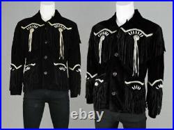 AMERICAN Style Men Suede Leather Western Cowboy Jacket with Fringe & Beads COAT
