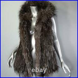 Adrienne Landaus/mbrown Silver Genuine Real Fox Fur Hooded Vest Jacket Coat