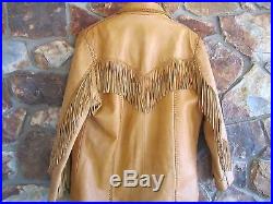 Alan Michael USA Leather Fringe Coat Jacket Size L Large Heavy Biker Western Tan