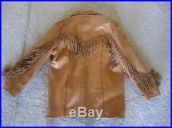 Alan Michael USA Leather Fringe Coat Jacket Size L Large Heavy Biker Western Tan