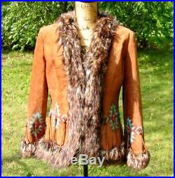 Amazing Western Patricia Wolf Hand Painted Suede Jacket Faux Fur Small NWOT