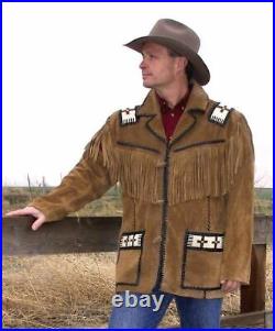 American Men's Western Cowboy Biker Leather Jacket coat with fringe and beads