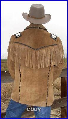 American Men's Western Cowboy Biker Leather Jacket coat with fringe and beads