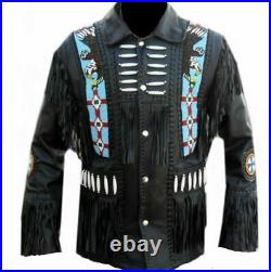 American Native Eagle Beaded Cowhide Leather Western Jacket With Fringes Coat