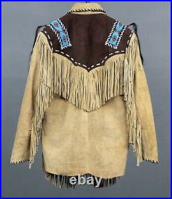 American Native Western Wear Suede Leather Jacket Fringes & Beads Work Coat