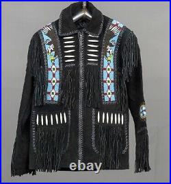 American Natives Eagle Beaded Suede Leather Western Coat With Fringes Jacket