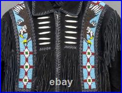 American Natives Eagle Beaded Suede Leather Western Coat With Fringes Jacket