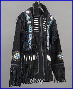 American Natives Eagle Beaded Suede Leather Western Coat With Fringes Jacket