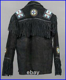 American Natives Eagle Beaded Suede Leather Western Coat With Fringes Jacket