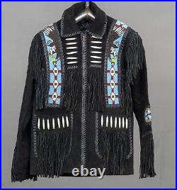 American Natives Eagle Beaded Suede Leather Western Coat With Fringes Jacket