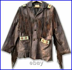 American Natives Western Wear Suede Leather Indian Jacket Fringe & Beaded Coat