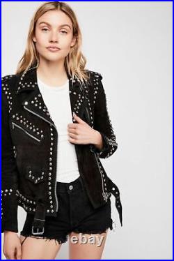 American Style Black Western Silver Studded Suede Leather Jacket Belted