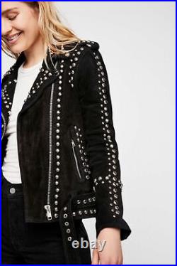 American Style Black Western Silver Studded Suede Leather Jacket Belted