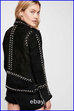 American Style Black Western Silver Studded Suede Leather Jacket Belted