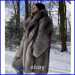 American Style Mens Lapel Collar Mid Long Coat Overcoat Faux Fox Fur Mink Jacket