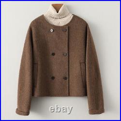 Autumn Spring Round Neck Womens Double Breasted 100% Wool Short Coat Jacket Size