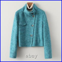 Autumn Spring Stand Collar Womens Single Breasted Wool Silk Short Coat Jacket Sz Autumn Spring Stand Collar Womens Single Breasted Wool Silk Short Coat Jacket Sz